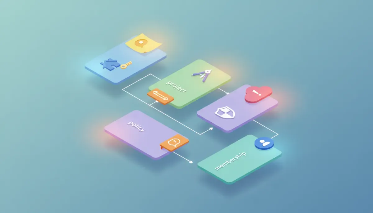 Isometric illustration of digital object cards with colored sticky notes attached, showing contextual links between records.