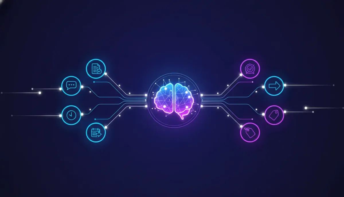 Neon event-driven AI network illustrating real-time triggers flowing into an AI core for instant responses in a CRM workflow.