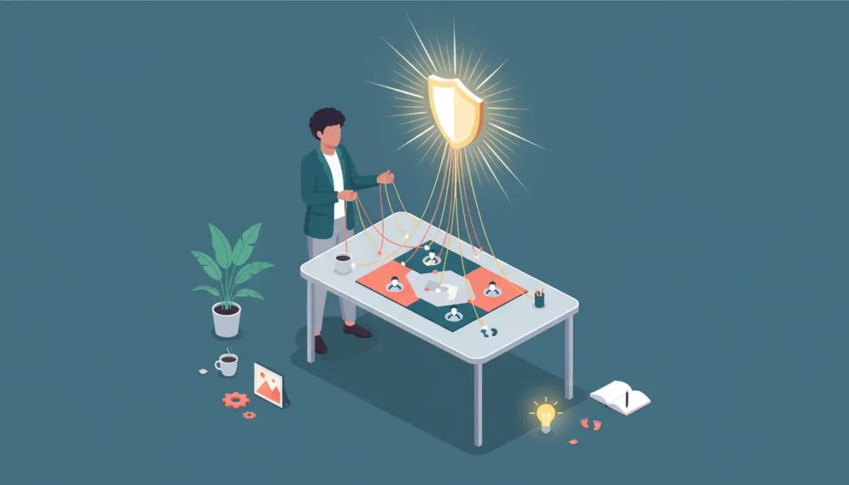 Founder pulling glowing threads from everyday moments that weave into a single brand emblem above an abstract market map, visual metaphor for finding a brand story and owning market position