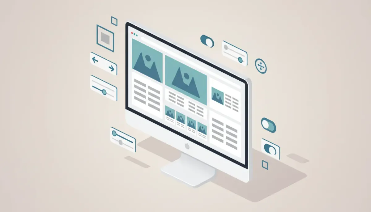 Illustration of a desktop e-commerce product page editor showing product image and details panels with adjustable media size and left/right layout alignment, no text