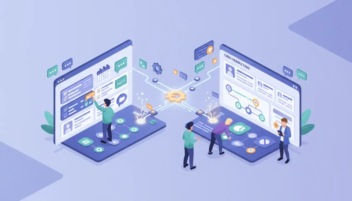 Illustration of Basecamp and HighLevel integration showing a connected project board, CRM dashboard, automation pipeline and a team collaborating