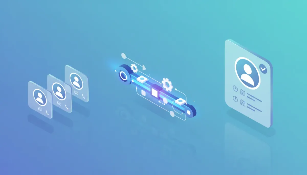 Isometric illustration of duplicate CRM contact cards being merged into one clean contact via an automated workflow with gears and arrows, representing merge contact automation in a CRM