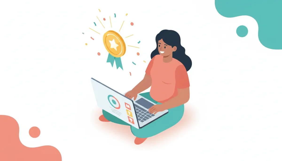 Learner receiving a glowing welcome badge above a digital course dashboard with confetti, symbolizing instant recognition and engagement at enrollment