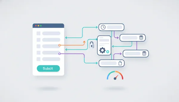 Vector illustration of a web form connected to a marketing automation workflow with nodes, arrows, field-mapping lines, a padlock for security, and a performance gauge