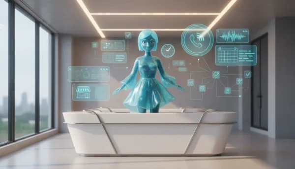 3D holographic AI receptionist at a modern desk with floating phone waveform, calendar cards, clock icon and connected small business icons, illustrating automated call handling and appointm