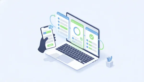 Illustration of multi-step survey screens on mobile and desktop with preserved answers, progress indicators, navigation arrows and a save icon representing response persistence to boost surv