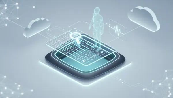 Isometric illustration of glowing structured data tables linked to a holographic AI assistant, search magnifier, and voice-waveform representing an AI knowledge base