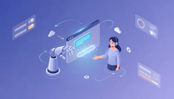 Illustration of an automated human handover showing an AI chatbot transferring a chat to a human support agent in a SaaS dashboard-style scene (no text)