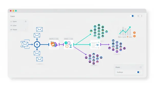 Isometric vector illustration of an automated email segmentation workflow: envelopes pass through tag and time filters and split into color-coded contact clusters, with an analytics chart sh