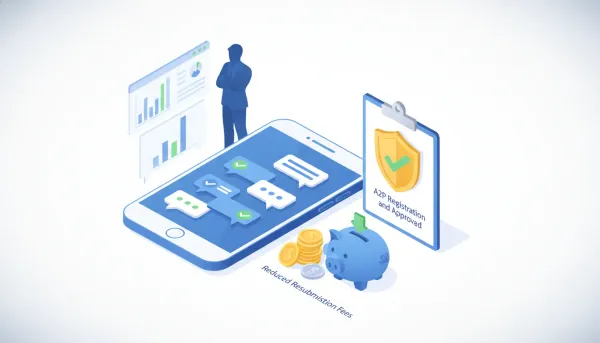 Smartphone with approved SMS messages, clipboard shield for A2P registration, and coins indicating reduced resubmission fees for HighLevel/GHL
