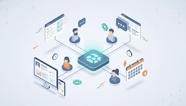 Isometric illustration of a centralized CRM hub connecting task checklists, lead cards, automation gears, clocks and team avatars to illustrate fast lead follow-up and improved team producti