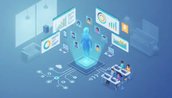 Isometric illustration of a holographic AI coach guiding multiple clients with floating dashboards, charts, workflows, and an agency team collaborating to scale and measure performance