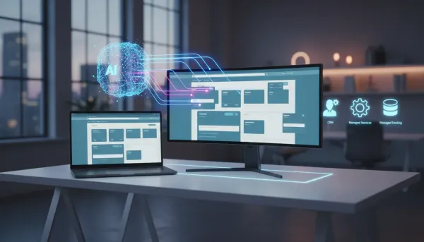 AI-powered WordPress page builder generating a website layout on a laptop with a holographic neural network and assembling content blocks representing CRM and managed hosting integration