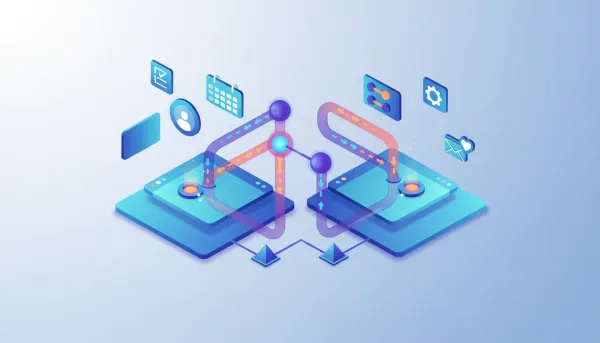 Isometric illustration of two connected dashboards with glowing data pipelines, workflow nodes, and floating task and contact icons representing CRM and project-management integration and au