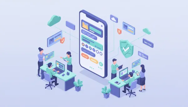 Abstract illustration of a marketing agency integrating RCS messaging with a platform like HighLevel: a smartphone displaying rich chat features (media previews, suggested replies, typing in