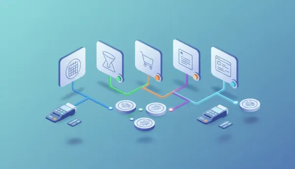 Isometric illustration of a SaaS dashboard showing calendar, funnel, store, invoice and form channels routed by colored lines to different payment terminals/cards with green live and amber t
