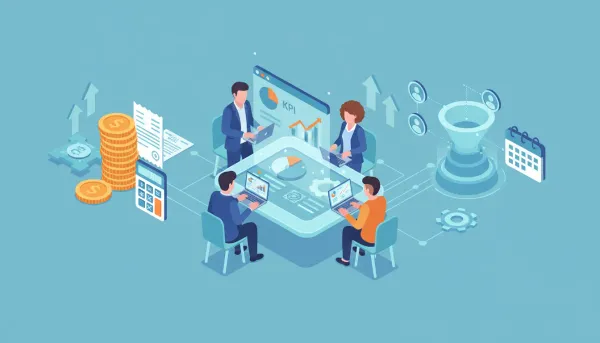 Isometric illustration of a marketing agency team collaborating around KPI dashboards, connected to finances, client nodes, and automated workflows
