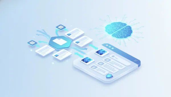 Website live chat widget receiving image and PDF uploads, with a glowing AI network analyzing files and routing them to an automated dashboard, security shield visible