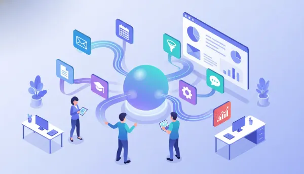 Isometric illustration of an agency consolidating email, calendar, CRM, funnels, billing and courses panels into one glowing unified business operating system hub