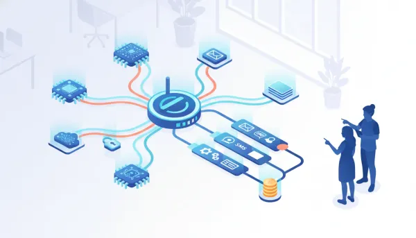 Isometric illustration of an AI integration hub connecting multiple AI models to HighLevel marketing workflows with email, SMS, CRM icons, security and agency team