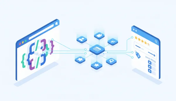 Isometric illustration of JSON-LD schema markup connecting a website browser window to search engine rich results via glowing semantic nodes for people, products, events and reviews