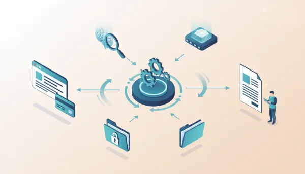 Isometric illustration of automated client onboarding pipeline linking GoHighLevel intake, n8n orchestration, Perplexity research, AI analysis, cloud storage, and a polished client report