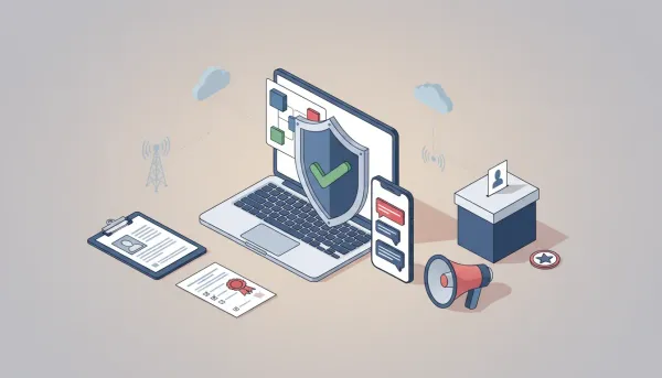 Isometric illustration of a laptop and smartphone with a verification shield, documents, carrier towers and campaign icons representing toll-free verification for political campaigns
