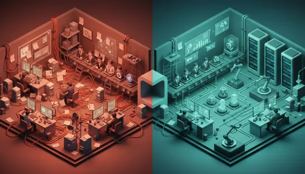 Isometric illustration showing a digital agency capped at five clients: chaotic overloaded left with piled tickets and exhausted staff, center bottleneck with five clients, right streamlined