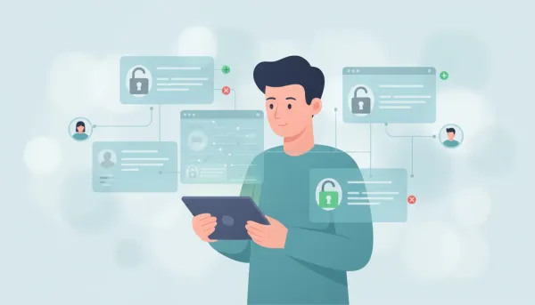 Administrator using a tablet to grant and revoke course access for community members, with floating course cards, locked/unlocked padlocks and connected member avatars