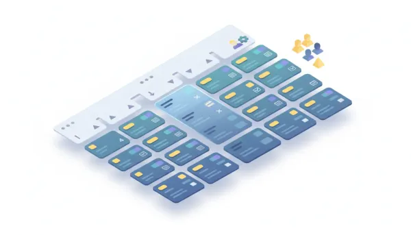 Isometric illustration of a CRM dashboard with sortable data cards, color-coded custom fields, a highlighted sort column, and small team avatars and a gear icon representing collaboration an