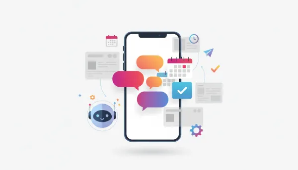 Smartphone showing automated Instagram-style messages converting into a scheduled calendar appointment with an AI chatbot and CRM interface