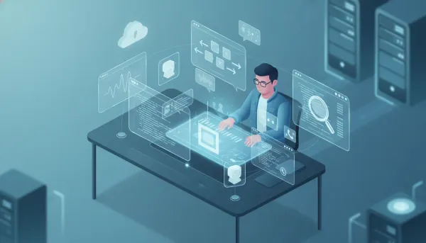 Abstract illustration of developers using HighLevel Conversation AI public APIs to create, manage, and debug conversational agents with holographic dashboards, code panels, chat bubbles, clo