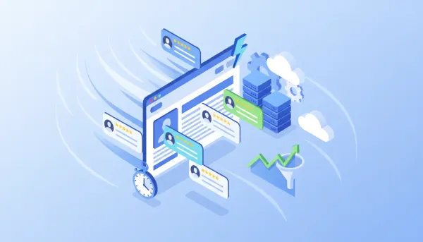 Isometric illustration of a fast-loading website with floating testimonial widgets, server infrastructure, and an upward analytics graph, symbolizing faster reputation widgets improving conv