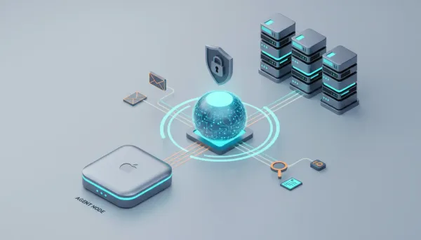 Isometric 3D illustration of a Mac Mini-style server and cloud VPS racks linked to an abstract glowing AI core orb with data pipelines, a security shield, and task icons representing a secur