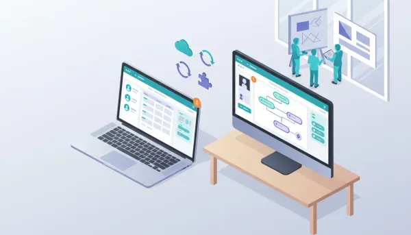 Isometric illustration of a laptop and monitor showing a native CRM desktop app with visual automation flow, cloud sync icons, notification badge, and agency team collaboration