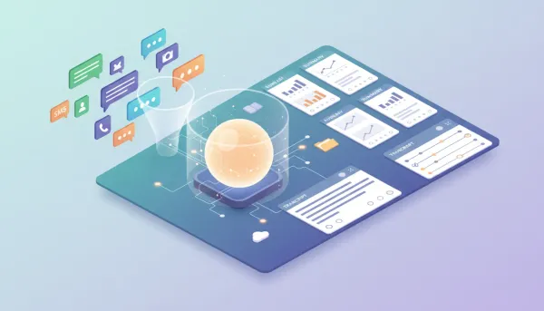 Isometric illustration of an AI core converting multiple colorful chat bubbles into neat summary cards, a transcript scroll, and a timeline log on a centralized dashboard, representing conve