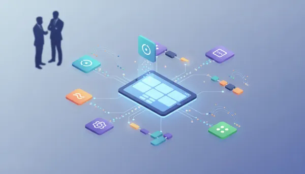 Isometric illustration of a central CRM hub connected to multiple app tiles by glowing pipelines representing integrations, automations, and webhooks for HighLevel
