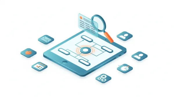 Isometric illustration of a laptop showing a highlighted workflow trigger with a magnifying glass and a translucent summary card, surrounded by icons for email, calendar, user, gears and a s