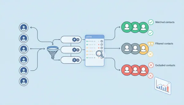 Vector illustration of a workflow funnel showing contacts entering and splitting into matched, filtered, and excluded outcomes with analytics and a magnifying glass