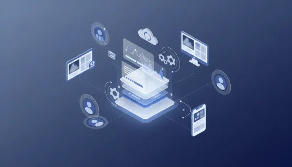 Isometric illustration of an agency deploying LinkedIn ad campaign templates via HighLevel snapshots across multiple client accounts, showing template cards, client connections, charts, and 