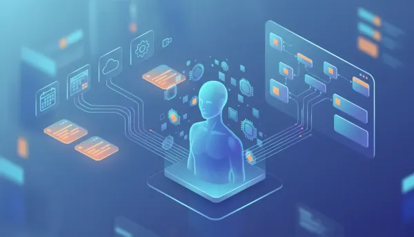 Abstract illustration of an AI agent studio dashboard showing a central virtual assistant with reusable custom value tokens and glowing data streams connecting multiple variable sources like