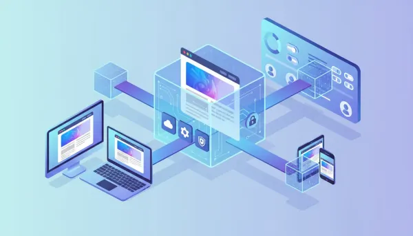 Isometric 3D illustration of a WordPress-style website being packaged into digital 'snapshots' and deployed from a central agency dashboard to multiple client devices, symbolizing HighLevel 