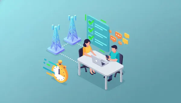 Agency team completing an A2P SMS approval checklist on a laptop and smartphone with cellular towers and message icons showing fast approval