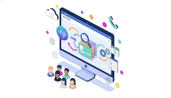 Isometric illustration of a SaaS CRM dashboard converting a colorful call waveform into multiple document cards with language indicators, automation gears, a magnifying glass, cloud and phon