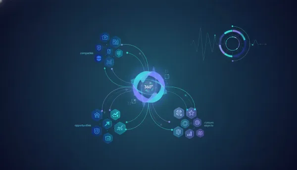 Illustration of a CRM data hub with glowing connections linking company, opportunity, and custom object records for a unified 360-degree view.