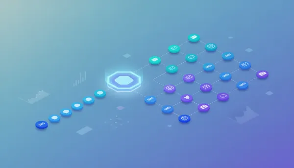 Isometric vector illustration of a HighLevel automation canvas with delinked parallel branches, channel symbols for SMS, email, and Instagram, and small analytics widgets.