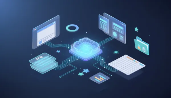 3D illustration of a central AI hub connecting organized knowledge sources—web pages, FAQs, spreadsheets, documents and files—representing an effective AI knowledge base for HighLevel