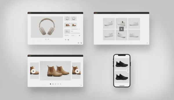 Mockup showing ecommerce product media layout options: gallery grid, carousel with navigation arrows, two-column product page and mobile-optimized stacked view