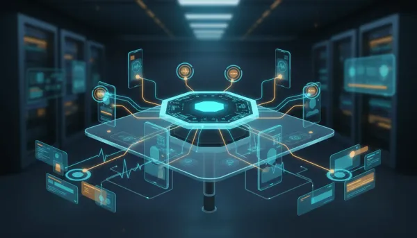 Abstract illustration showing an all-in-one call handling workflow for insurance sales with connected phone handoffs, live transfer signals, and a central dashboard