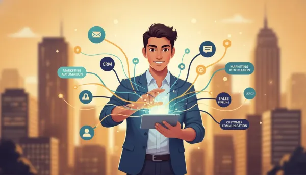 Illustration of a Latino entrepreneur launching a business in the U.S., surrounded by connected nodes representing a unified CRM, marketing automation, and sales platform.